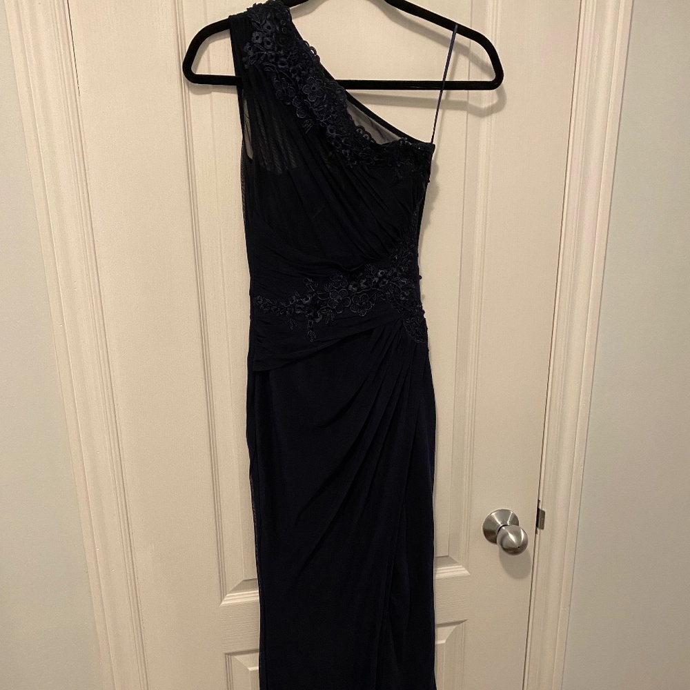 Navy one shoulder evening gown